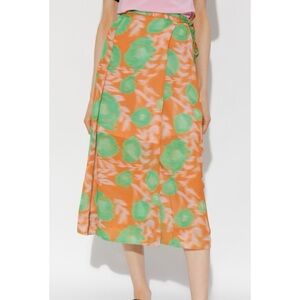 Ganni Printed Midi Length Wrap Skirt Orange